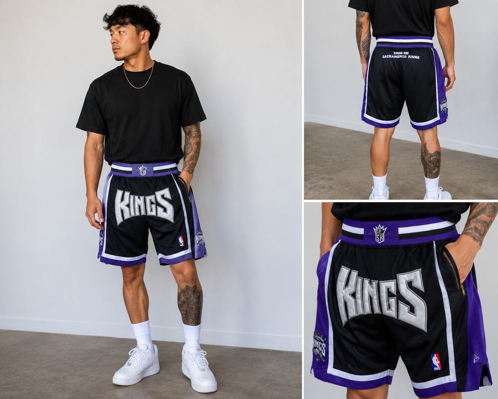 Just Don Sacramento Kings 1998-99 Shorts Black Purple Mesh Zip Pocket Men's XL